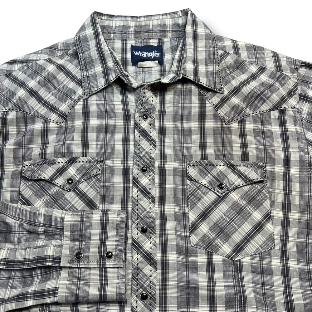 Wrangler Mens Plaid Snap Front Western‎ Shirt Long Sleeve Gray Black White Ranch